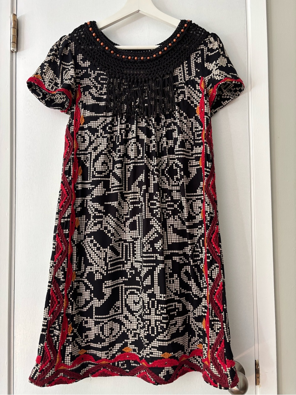 Anthropologie Floreat Abelia Embroidered Beaded Fringe Aztec Dress XS
